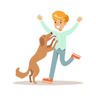 Onun köpekle oynamayı boy gülümseyerek. Renkli karikatür karakter vektör çizim