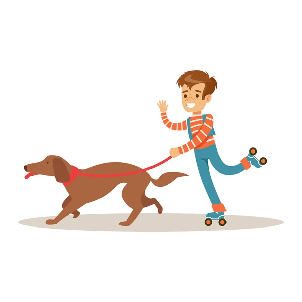 Хлопчик катається на роликах зі своїм собакою на повідку. Барвистий персонаж мультфільму Векторні ілюстрації — стоковий вектор