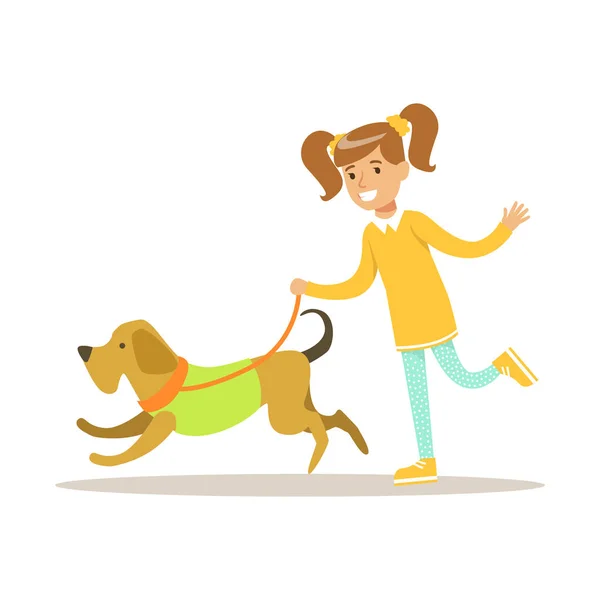 Sevimli gülümseyen kız köpeğiyle yürüyor. Renkli karikatür karakter vektör çizim — Stok Vektör
