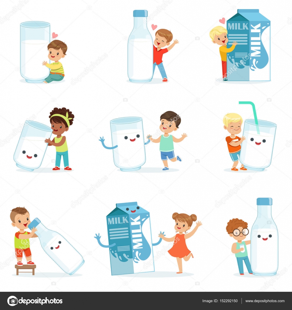 Personaggi dei cartoni animati colorati– illustrazione stock Sorridere i bambini giocando e ballando con grandi scatole tazze e bottiglie di latte