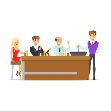 Mutlu kumarbaz bir casino, rulet sonuçlarını bekliyor. Renkli karikatür karakter vektör çizim