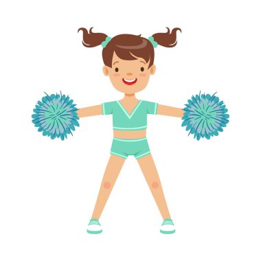 Mavi ponpon ile dans mutlu küçük kız. Renkli karikatür karakter vektör çizim