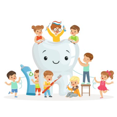 Little children take care of and clean a large, smiling tooth. Colorful cartoon characters clipart