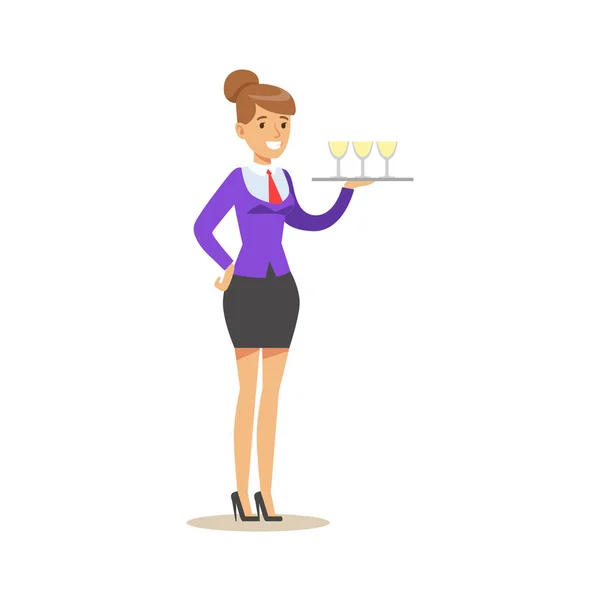 性格开朗的女服务员端着一托盘的香槟杯饮料。姹紫嫣红的卡通人物矢量图 — 图库矢量图片