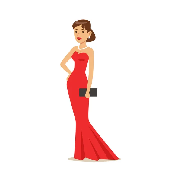 Lovely girl in long red evening dress. Colorful cartoon character vector Illustration — Stock Vector
