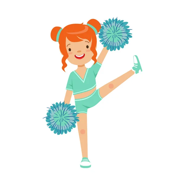 Linda niña pelirroja bailando con pompones azules. Colorido personaje de dibujos animados vector Ilustración — Vector de stock