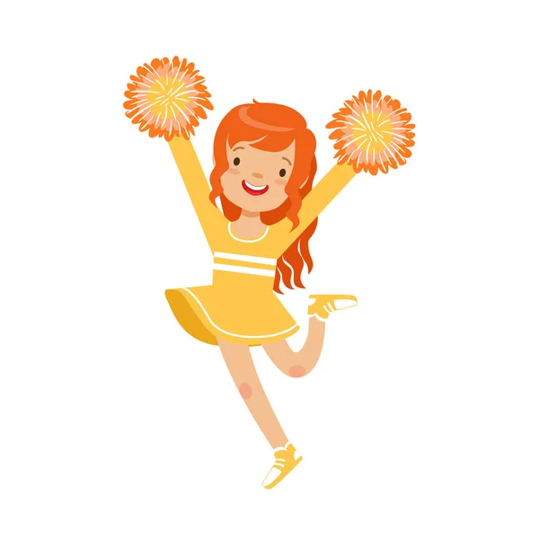 Carina bambina dai capelli rossi che balla con i pompon gialli. Illustrazione colorata del vettore del personaggio dei cartoni animati — Vettoriale Stock