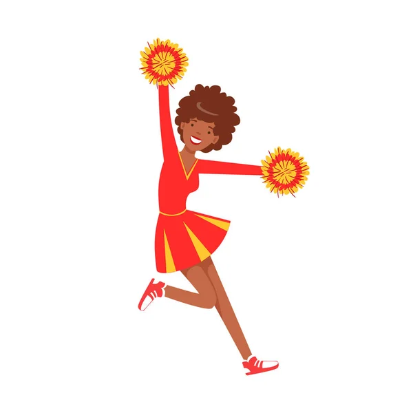 Chica animadora sonriente adolescente bailando con pompones rojos y amarillos. Colorido personaje de dibujos animados vector Ilustración — Vector de stock