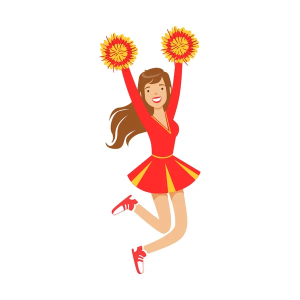 Menina líder de torcida pulando com pompons vermelhos e amarelos. Desenhos animados coloridos personagem vetor Ilustração — Vetor de Stock
