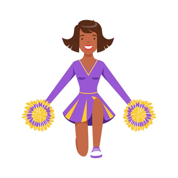Menina sorridente adolescente dançando com pompons coloridos. Desenhos animados coloridos personagem vetor Ilustração — Vetor de Stock