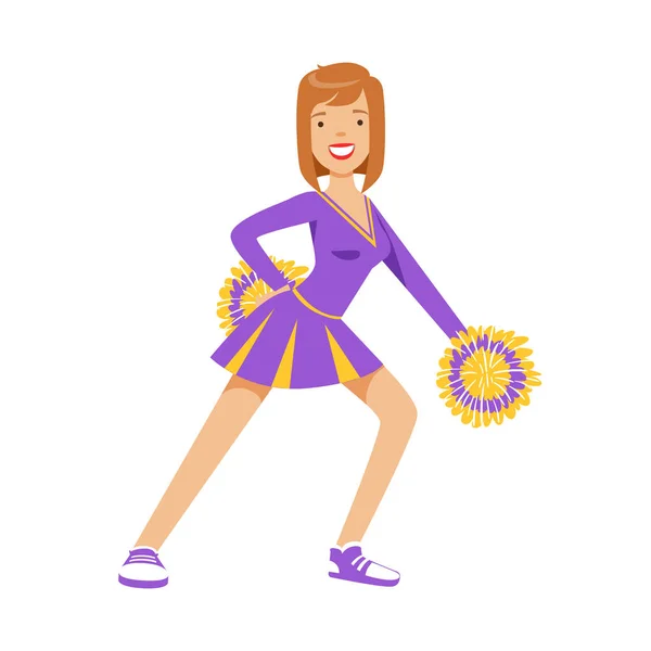 Smiling girl dancing with purple and yellow pompoms. Colorful cartoon character vector Illustration — Stock Vector