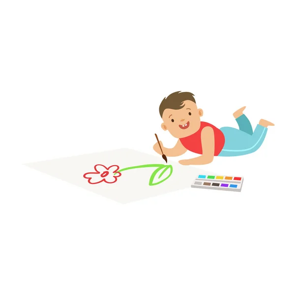 Niño feliz tirado en el suelo y dibujando sobre papel grande. Colorido vector de caracteres Ilustración — Vector de stock