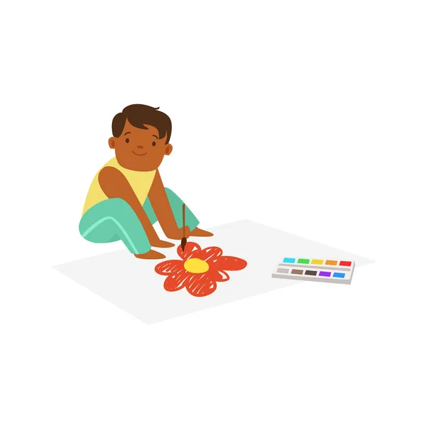 Lindo niñito sentado en el suelo y dibujando en un papel grande. Colorido vector de caracteres Ilustración — Vector de stock