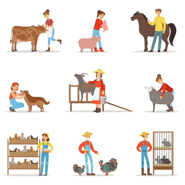 Breeding animals farmland. Farm profession worker people breeding livestock. Set of colorful cartoon detailed vector Illustrations — Stock Vector