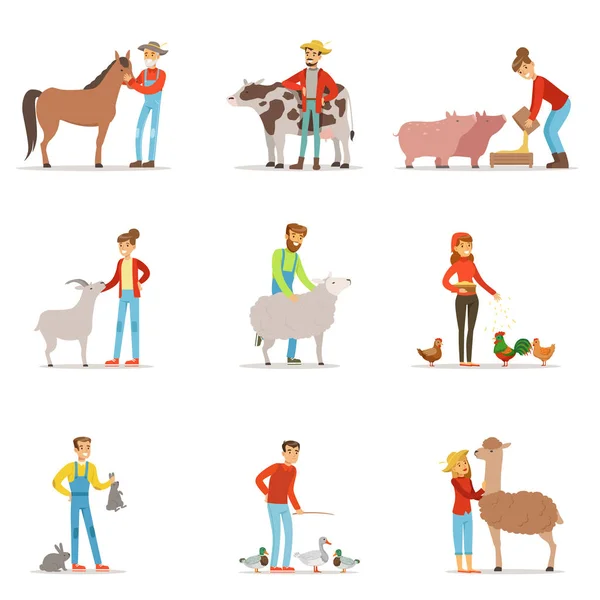 Farmers breeding livestock. Farm profession worker people, farm animals. Set of colorful cartoon detailed vector Illustrations — Stock Vector