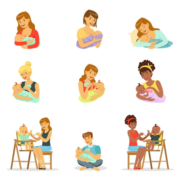 Mom and dad feeding their babies set for label design. Colorful cartoon characters — Stock Vector