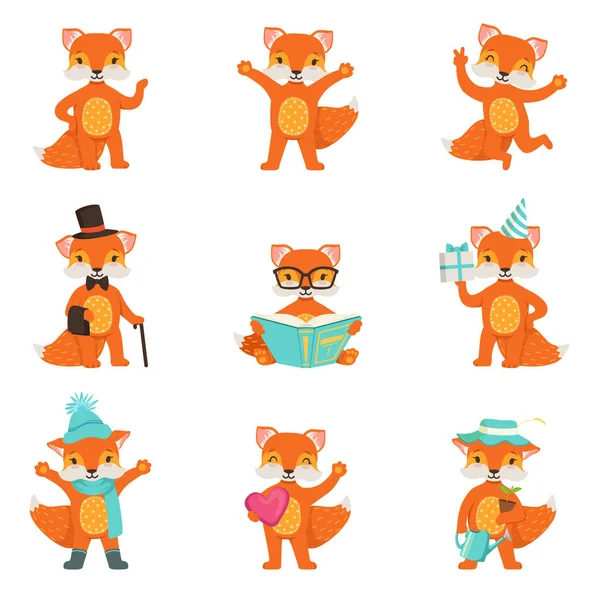 Cute little fox kreskówki znaków zestaw do projektowania etykiet. Szczegółowe wektor kolorowe ilustracje — Wektor stockowy