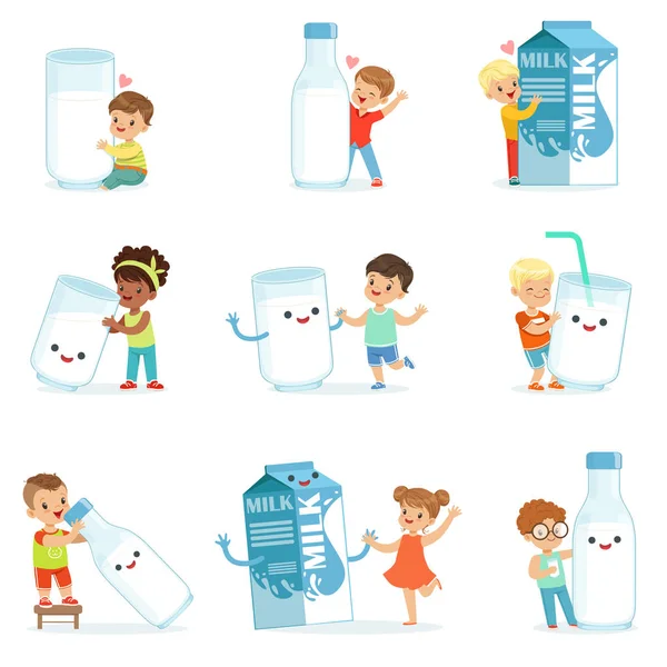 Niños sonrientes jugando y bailando con cajas grandes, tazas y botellas de leche, decoradas para el diseño de etiquetas. Personajes de dibujos animados coloridos — Archivo Imágenes Vectoriales