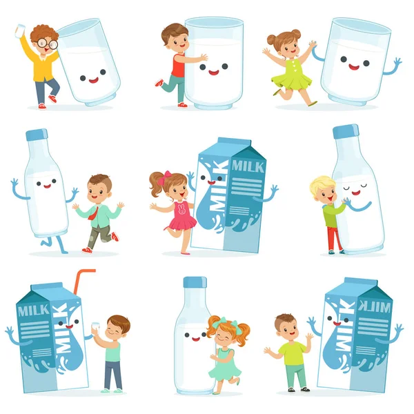 Lindos niños pequeños divirtiéndose y jugando con cajas grandes, tazas y botellas de leche, listos para el diseño de etiquetas. Personajes de dibujos animados coloridos — Archivo Imágenes Vectoriales