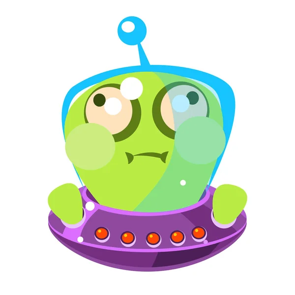 Opgeblazen groene alien in een vliegende schotel, cute cartoon monster. Kleurrijke vector teken — Stockvector