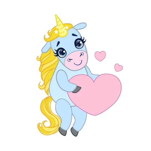 Cartoon light blue unicorn standing and holding pink heart. Colorful vector character — Stock Vector