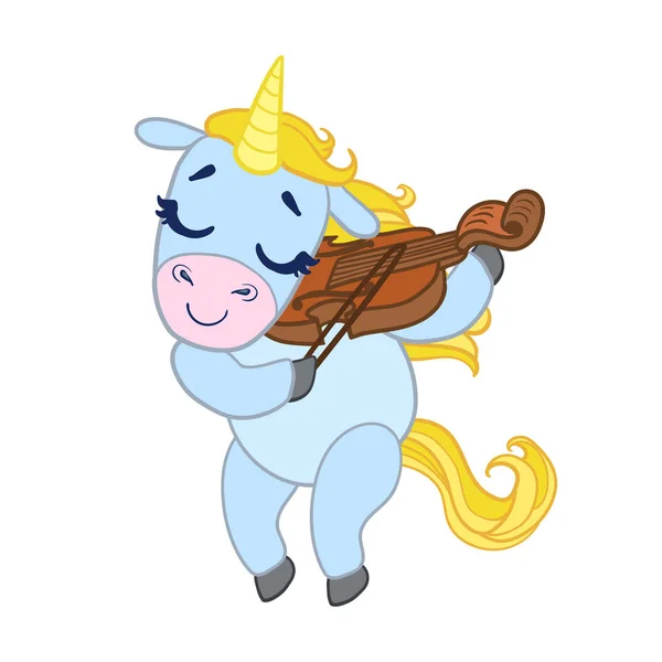 Cartoon light blue lovely unicorn violinist playing. Colorful vector character — Stock Vector