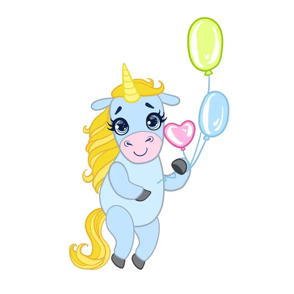 Cartoon light blue lovely unicorn standing and holding colorful balloons. Fairy tale vector character — Stock Vector