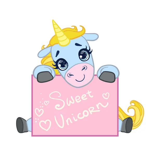 Dibujos animados azul claro encantador unicornio asientos con una tarjeta de felicitación. Colorido carácter vectorial — Vector de stock