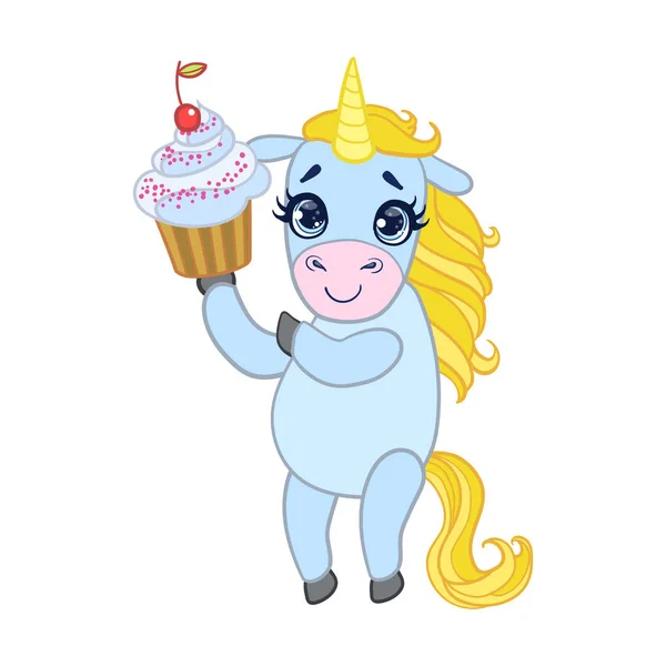 Cartoon hellblau schönes Einhorn hält Cupcake. Bunte Vektorcharaktere — Stockvektor