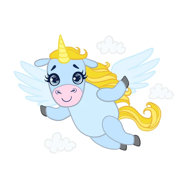 Dibujos animados azul claro encantador unicornio volador. Colorido carácter vectorial — Vector de stock