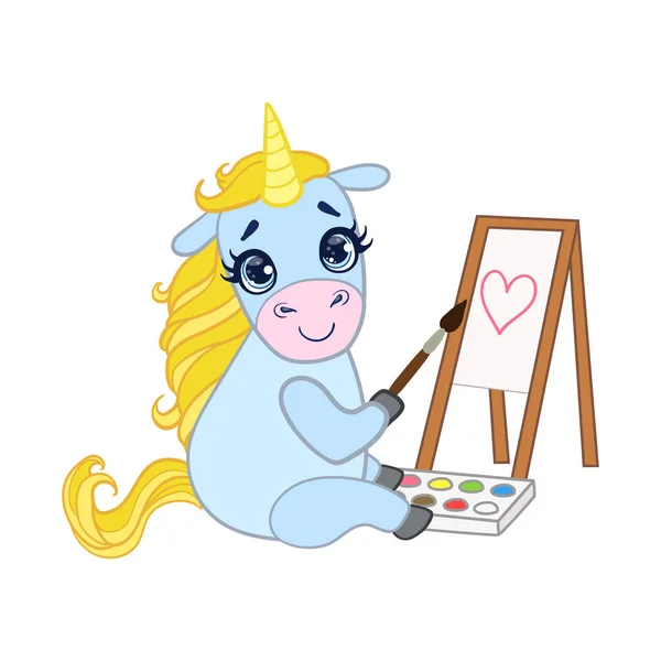 Cartoon light blue lovely unicorn painting on canvas. Colorful vector character — Stock Vector