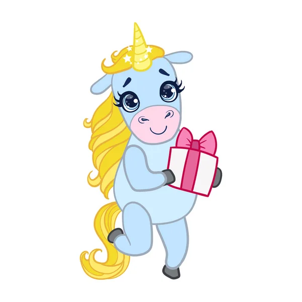 Dibujos animados unicornio azul claro de pie con caja de regalo. Colorido carácter vectorial — Vector de stock