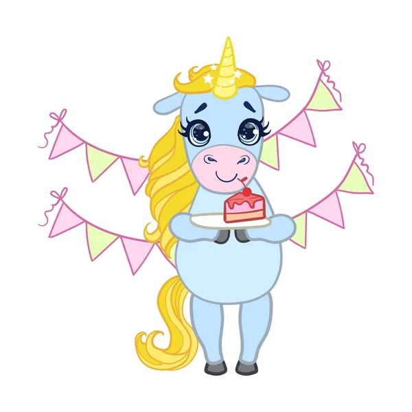 Cartoon light blue unicorn holding a plate with piece of cake. Colorful vector character — Stock Vector