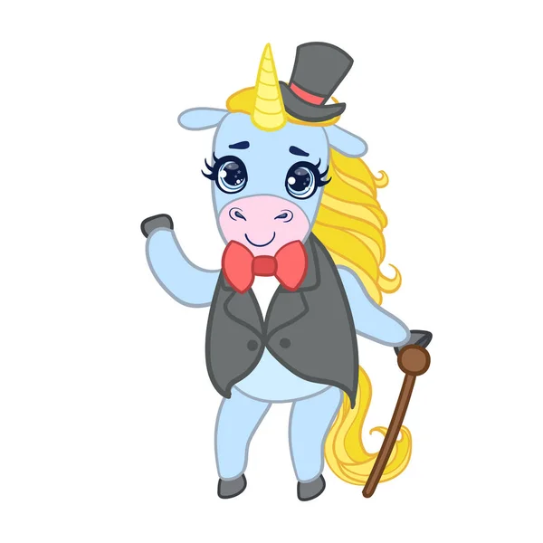Unicornio azul claro de dibujos animados en traje elegante con caña y sombrero. Colorido carácter vectorial — Vector de stock