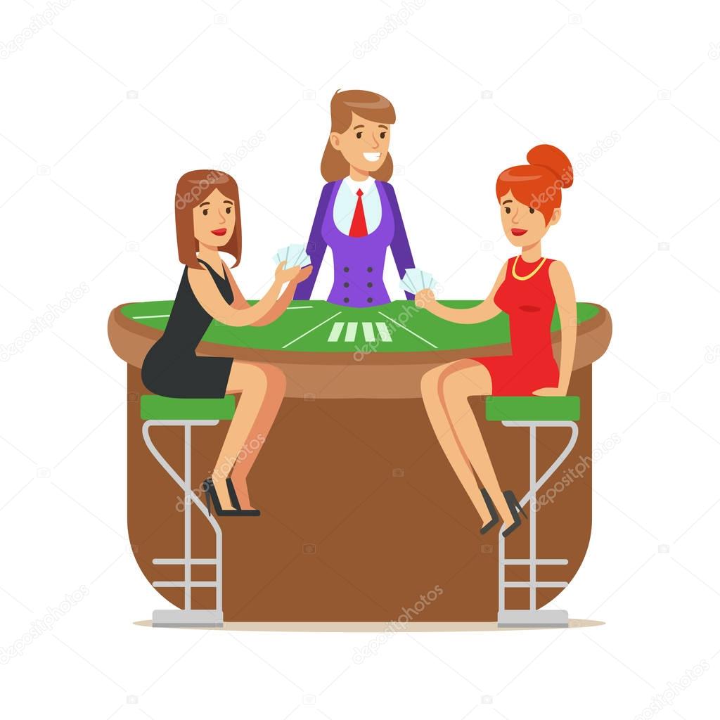 Two beatuful girls playing cards in a luxury casino. Colorful cartoon character vector Illustration