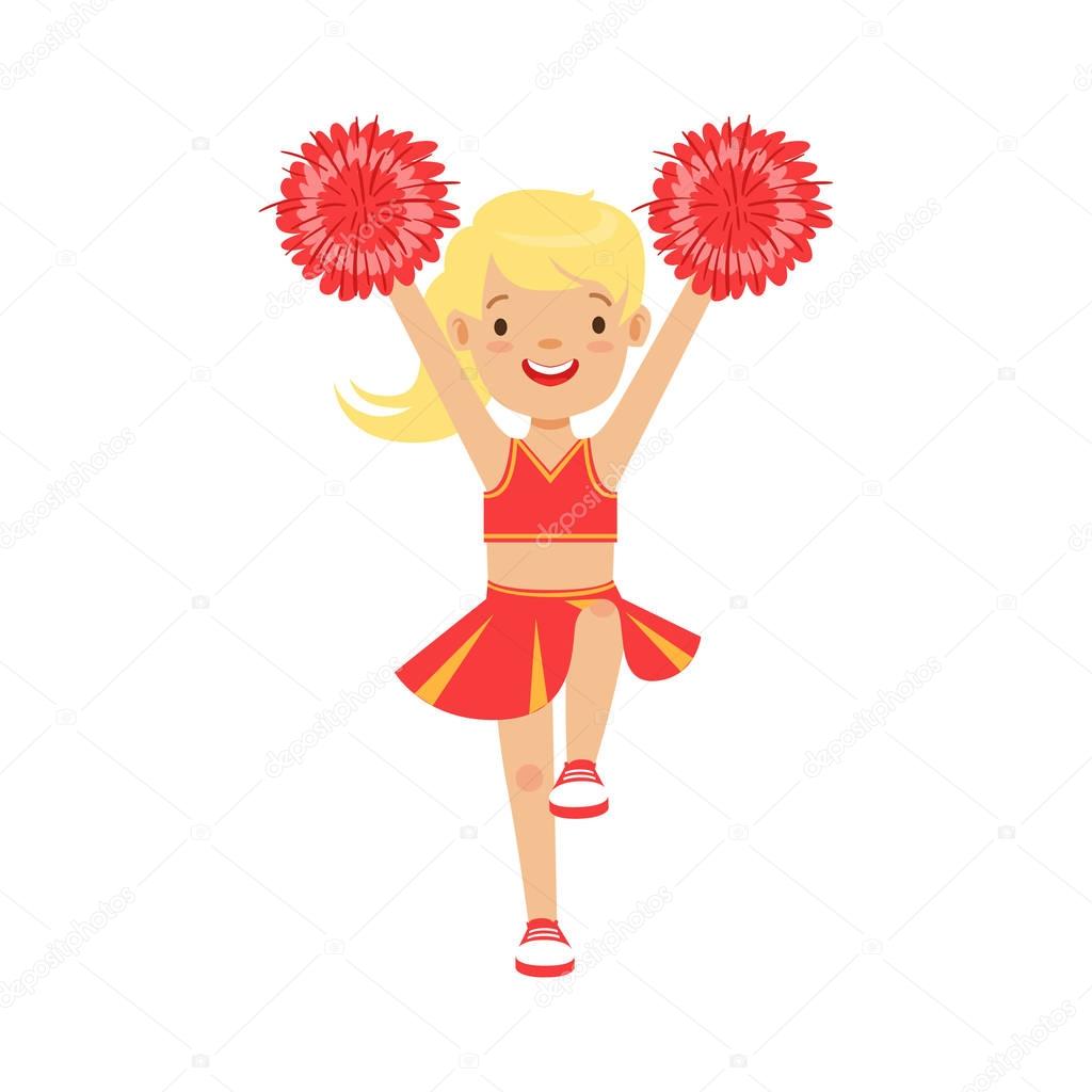 Cute little blond cheerleader girl dancing with red pompoms. Colorful cartoon character vector Illustration