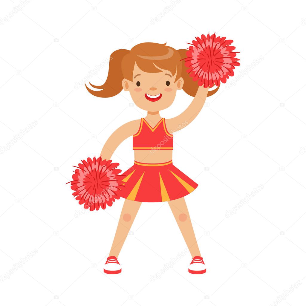 Cute little cheerleader girl dancing with red pompoms. Colorful cartoon character vector Illustration