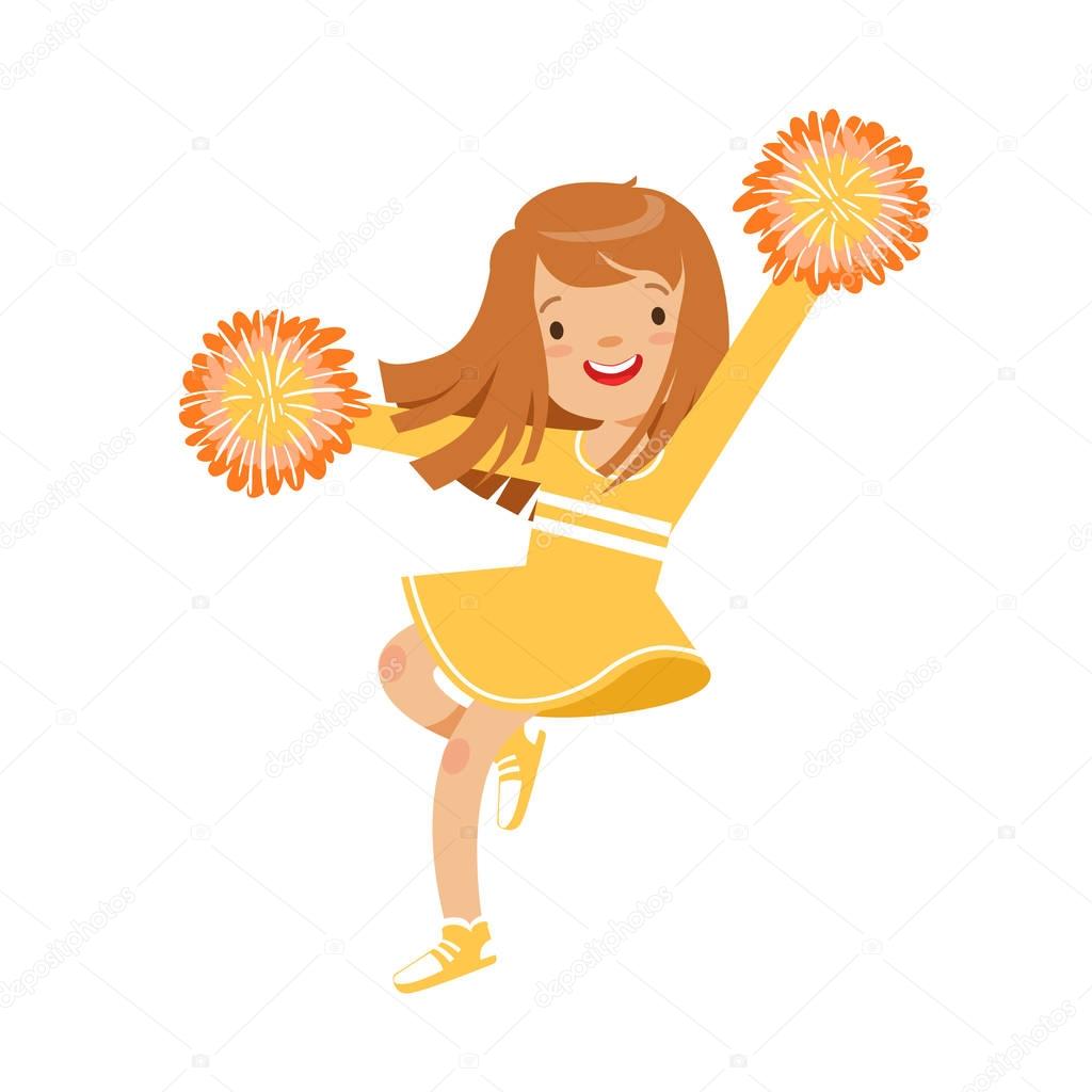 Happy little cheerleader girl dancing with yellow pompoms. Colorful cartoon character vector Illustration