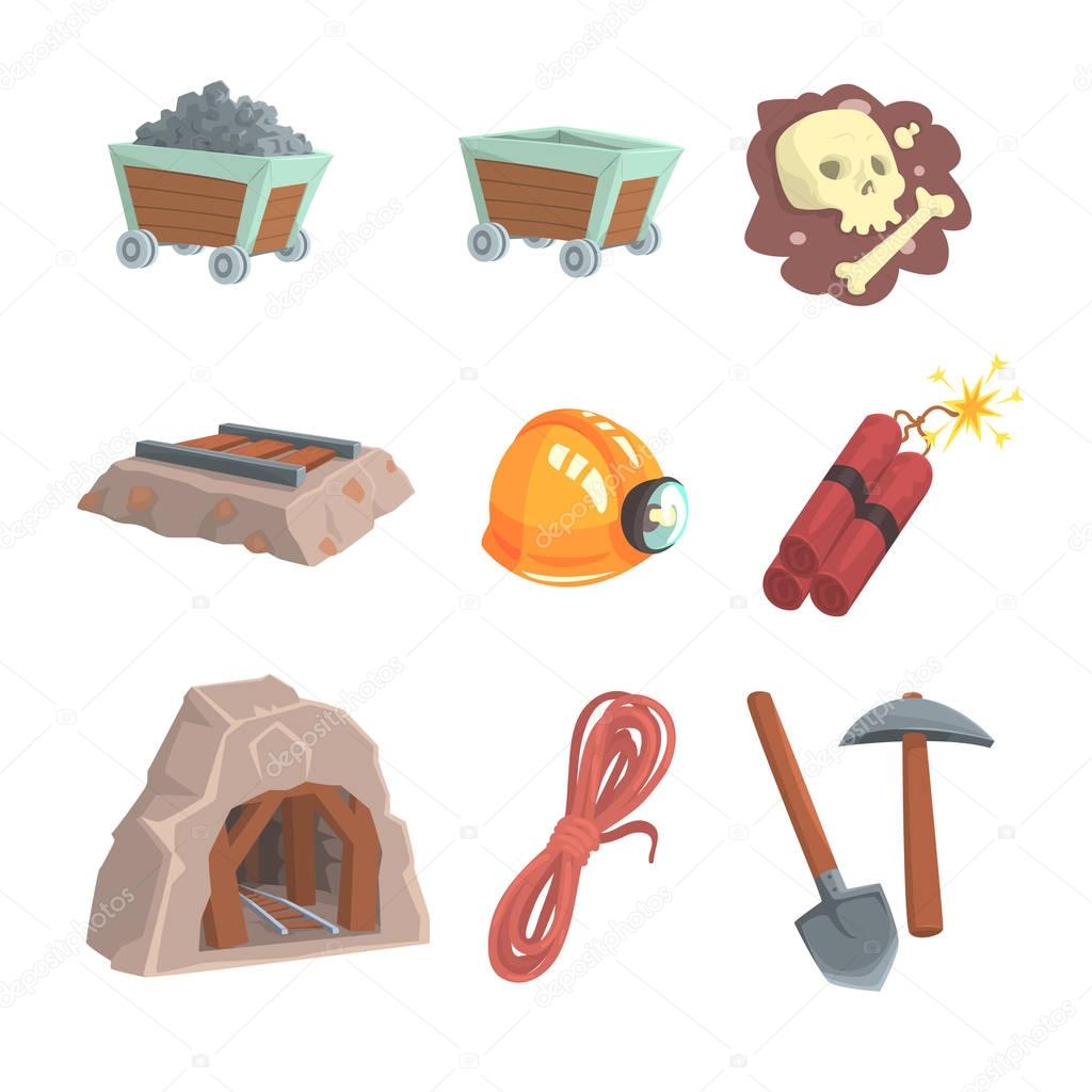 Mineral mining, coal industry set for label design. Colorful cartoon detailed vector Illustrations