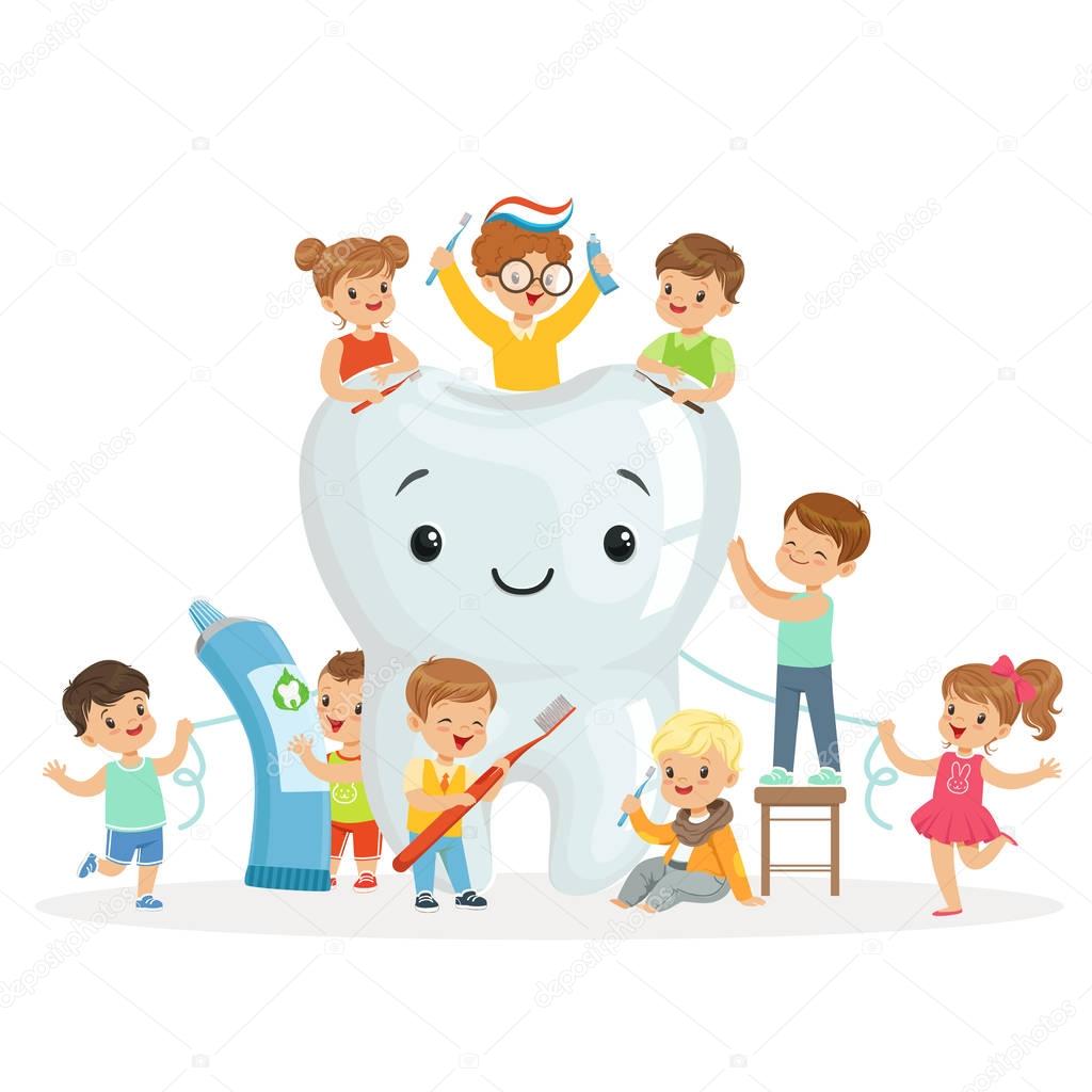Little children take care of and clean a large, smiling tooth. Colorful cartoon characters