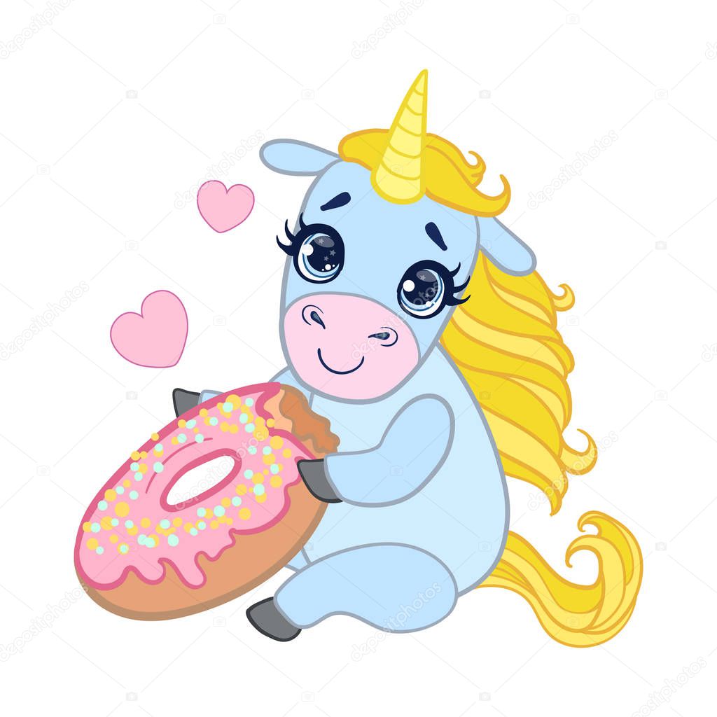 Cartoon light blue lovely unicorn holding pink glazed donut. Colorful vector character