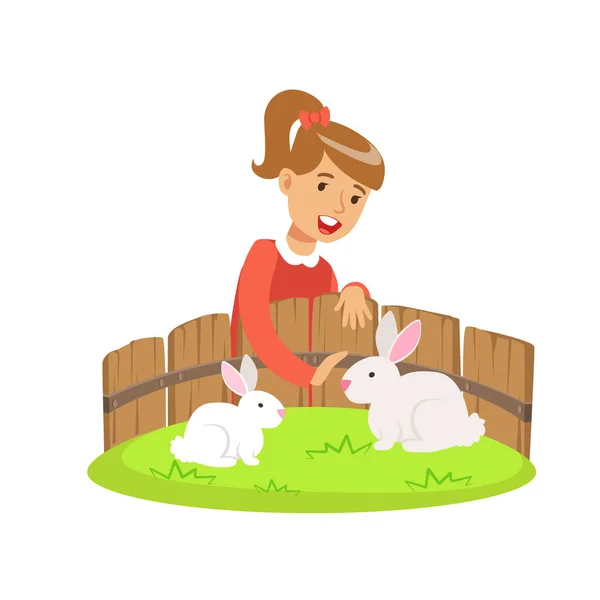 Smiling little girl petting two white rabbits in a mini zoo. Colorful cartoon character vector Illustration — Stock Vector