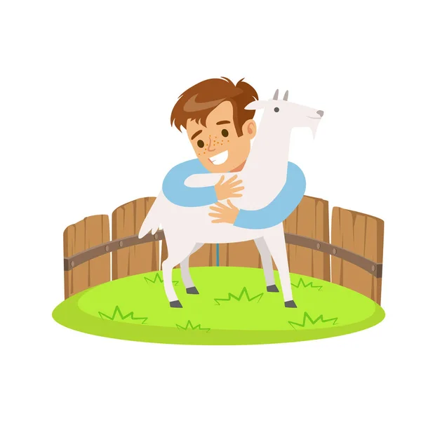 Szczęśliwy chłopiec Ogarnięcie biały kozi w mini zoo. Charakter kolorowy kreskówka wektor ilustracja — Wektor stockowy