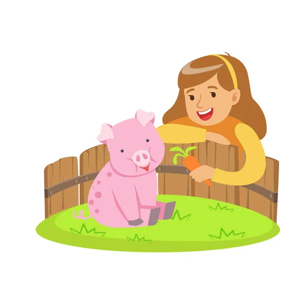 Happy little girl feeding pink pig with carrot in a mini zoo. Colorful cartoon character vector Illustration — Stock Vector