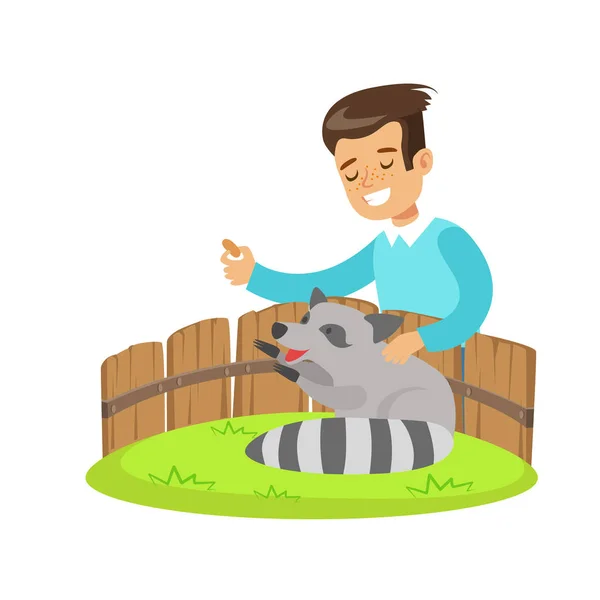 Smiling little boy petting and feeding a raccoon in a mini zoo. Colorful cartoon character vector Illustration — Stock Vector
