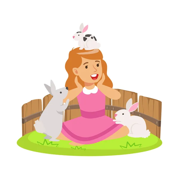 Happy smiling girl playing with small rabbits in a mini zoo. Colorful cartoon character vector Illustration — Stock Vector