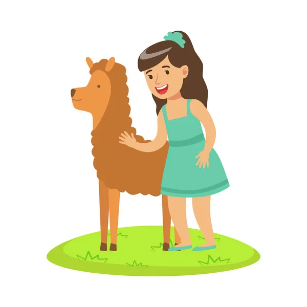 Girl standing on green grass and petting fluffy alpaca. Colorful cartoon character vector Illustration — Stock Vector