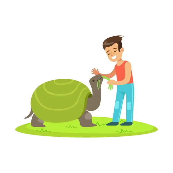 Happy little girl feeding with grass a huge turtle outdoor. Colorful cartoon character vector Illustration — Stock Vector