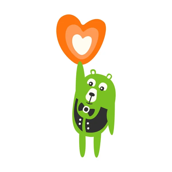 Stały zielony Miś kreskówka i trzymając w ręce pomarańczowy serce. Wektor zabawny śliczny zwierząt kolorowy charakter ilustracja — Wektor stockowy