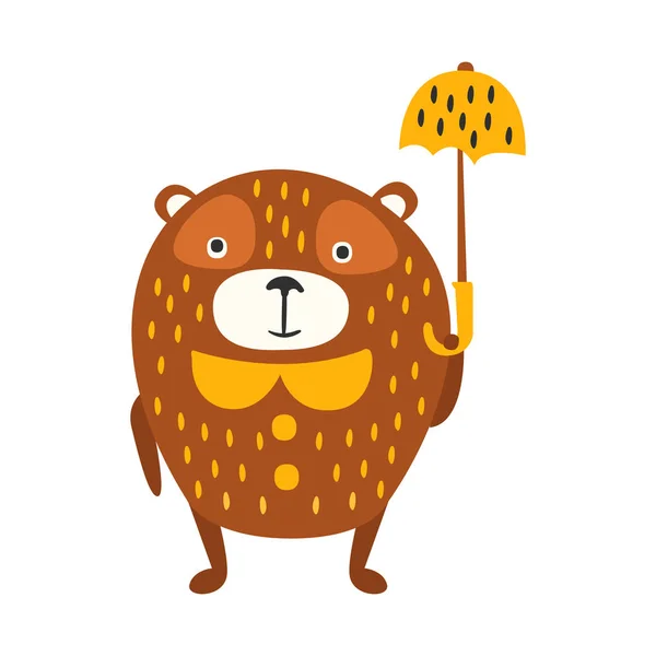 Bonito desenho animado urso de pelúcia marrom de pé com guarda-chuva amarelo. Engraçado lindo animal colorido personagem vetor Ilustração — Vetor de Stock